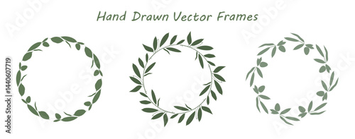 Olive plant branch frame set, circle shape border. Hand drawn doodle style silhouette. Green grey colour palette. Cute web decor vector illustration. White background