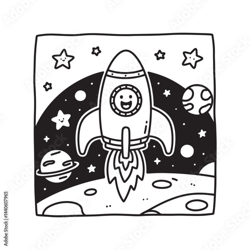 Space Cartoon Coloring Page – Rocket Ship, Planets, and Astronaut, Cute Space Exploration Illustration – Black and White Line Art