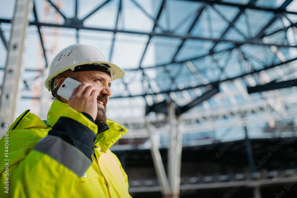 Construction site manager making phone call while inspecting building site.