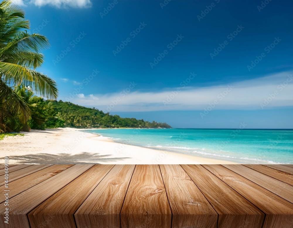 Fototapeta premium empty wood table mockup with beautiful tropical beach background and copy space for text mock up for your product display and montage in summer season vacation and wallpaper travel concepts
