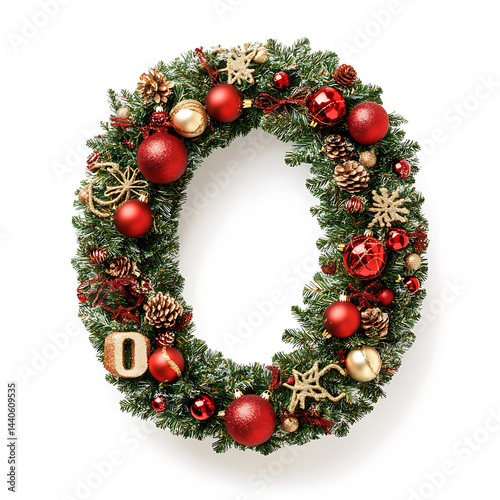 Festive evergreen wreath, shaped like the number zero, adorned with ornaments and pinecones.