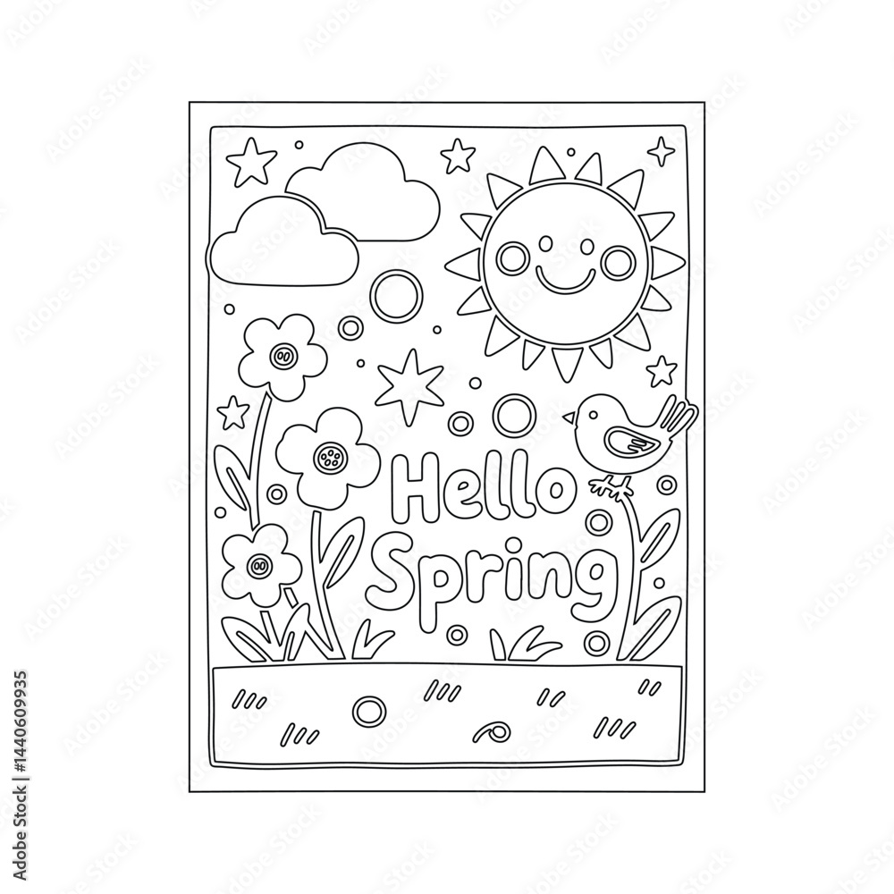 Fototapeta premium Hello Spring Coloring Page – Smiling Sun and Flowers Line Art, Kid-Friendly Hello Spring – Black and White Doodle Style Artwork