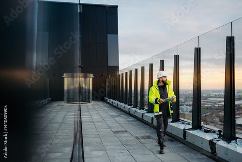 Construction site manager using digital tablet to inspect building progress.