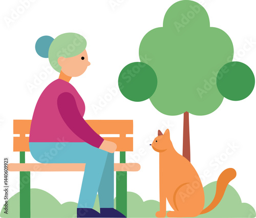 Old Woman and Cat Sitting on Bench Vector Illustration, Transparent Background