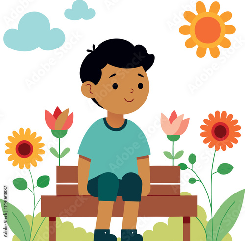 Young Boy Sitting on Wooden Bench in Flower Garden Vector Illustration, Transparent Background