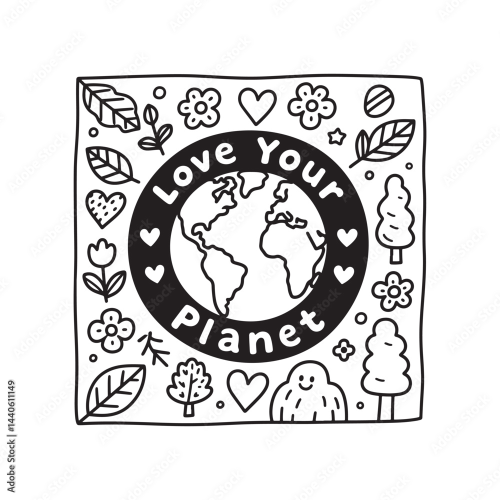 Fototapeta premium Love Your Planet Coloring Page – Hand-Drawn Eco-Friendly Illustration