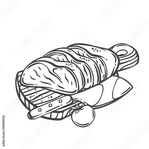 Cut beef meat into slices with chefs axe on wooden board line icon. Outline hand drawn sketch of kitchen knife and raw meat. Cooking, butchers shop menu mascot, food preparation vector illustration
