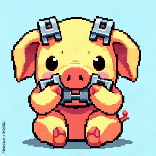 Funny pig playing with a pieces concept toys pixel art style