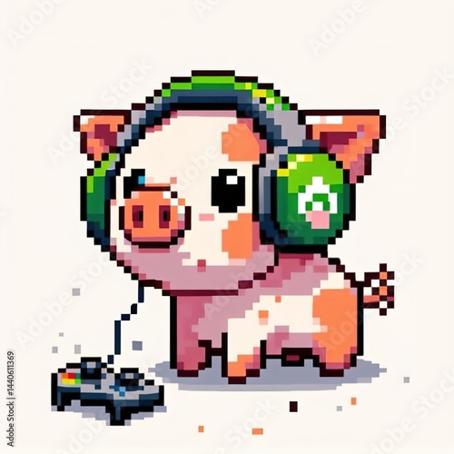Pixel art cute pig concept music with headphones listen character