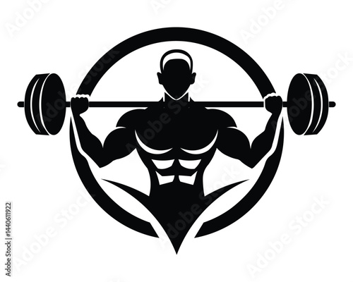 Muscular bodybuilder lifting heavy barbell silhouette, strength training fitness icon vector