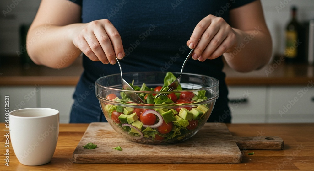 Tossing fresh salad with avocado, tomatoes, red onion, and greens for a healthy meal. Tossing fresh salad with avocado, tomatoes, red onion, and greens for a healthy meal.