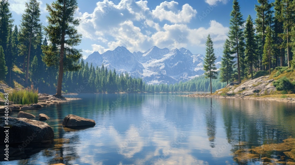 Fototapeta premium Serene mountain lake reflecting snow-capped peaks under a partly cloudy sky.