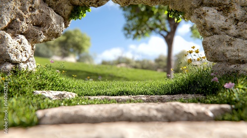 Stone Archway Framing a Lush Green Meadow and Blue Sky