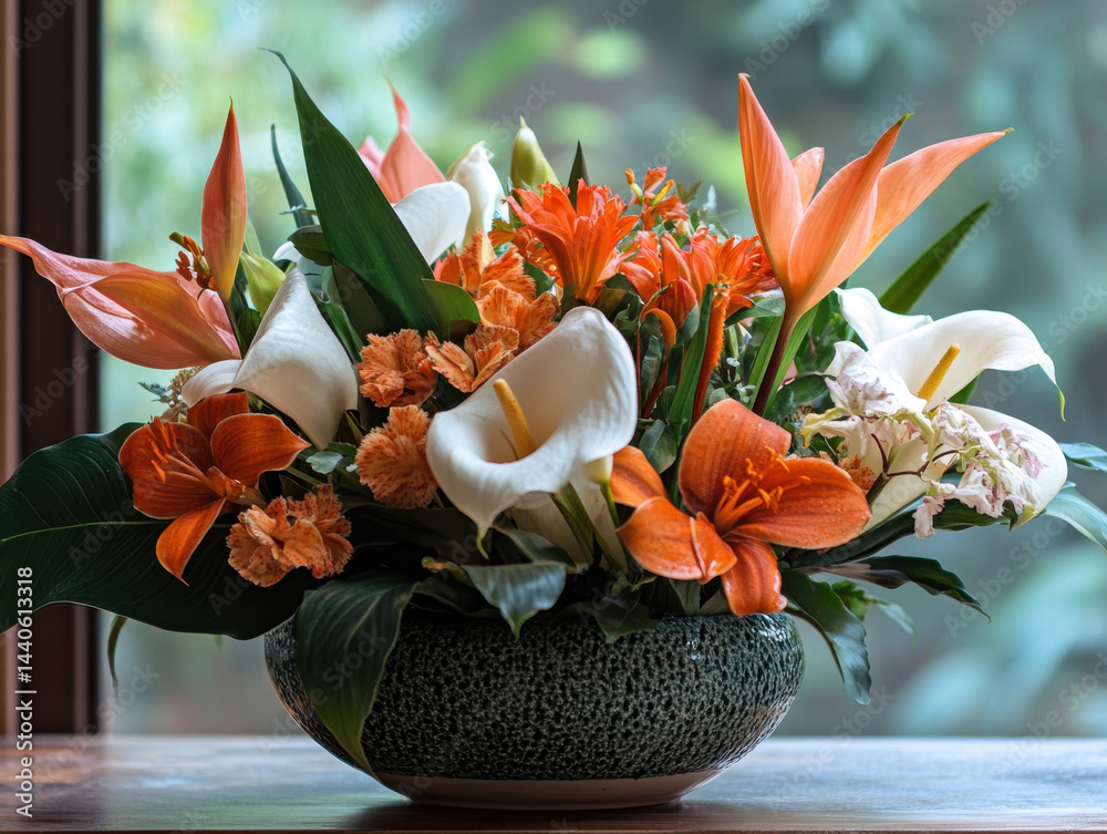 Vibrant floral arrangement featuring orange lilies, white calla lilies, and lush green leaves in decorative bowl, set against blurred natural background