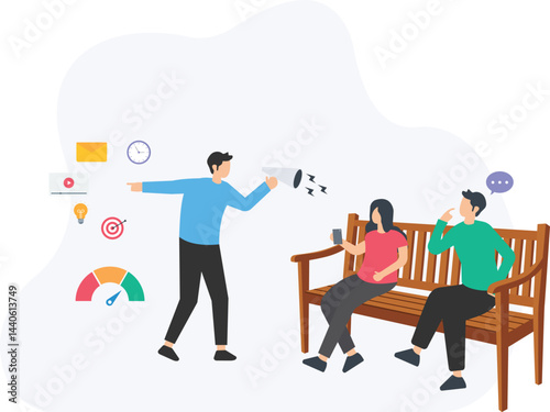 Marketing manager holding megaphone and pointing finger to various marketing tools, promoting new product or service to customers sitting on bench, using smartphone and discussing

