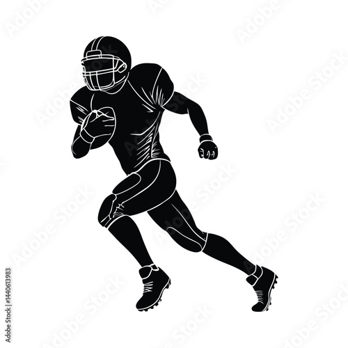 Powerful American football athlete rushing ahead with energy and strength.