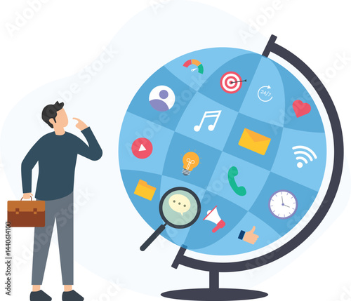 Businessman holding briefcase pointing at globe with social media and communication icons, representing global connectivity and digital marketing strategy

