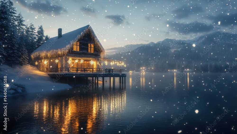 Fototapeta premium Cozy winter cabin by a serene lake, illuminated by warm lights. Snow falling gently