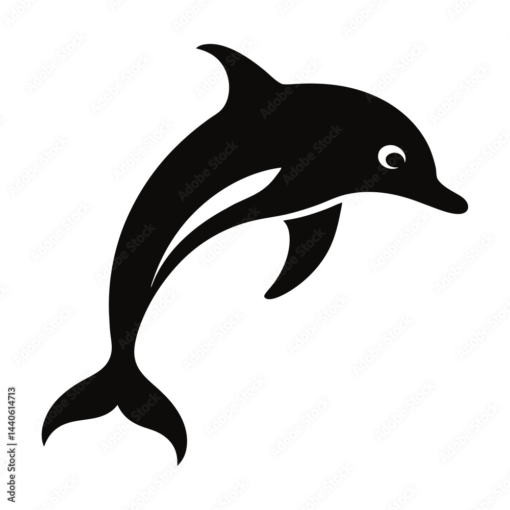 Fototapeta premium Silhouette of a single dolphin jumping in black and white illustration