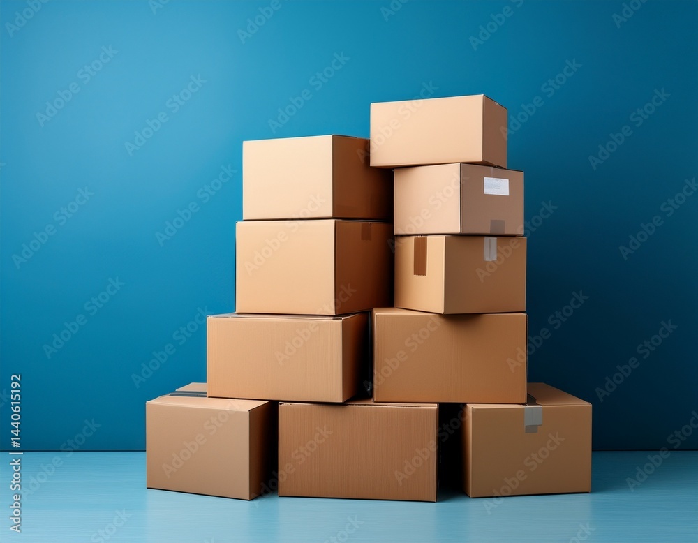 Obraz premium a neatly stacked pile of cardboard boxes on a plain blue background symbolizing moving or storage organization copyspace