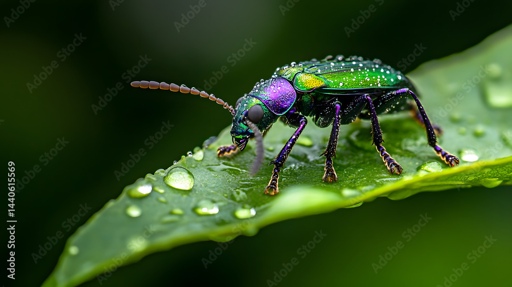 Naklejka premium A vibrant green and purple exotic insect from the rainforest perched on a leaf with dew drops.