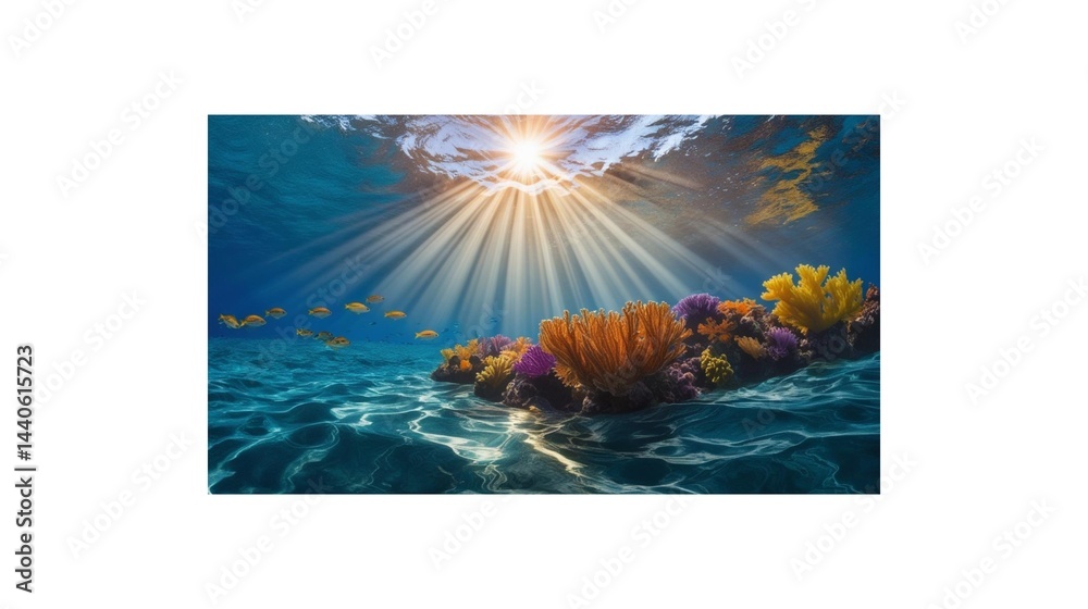 Naklejka premium Vibrant coral reef teeming with life under bright sunlit ocean surface.