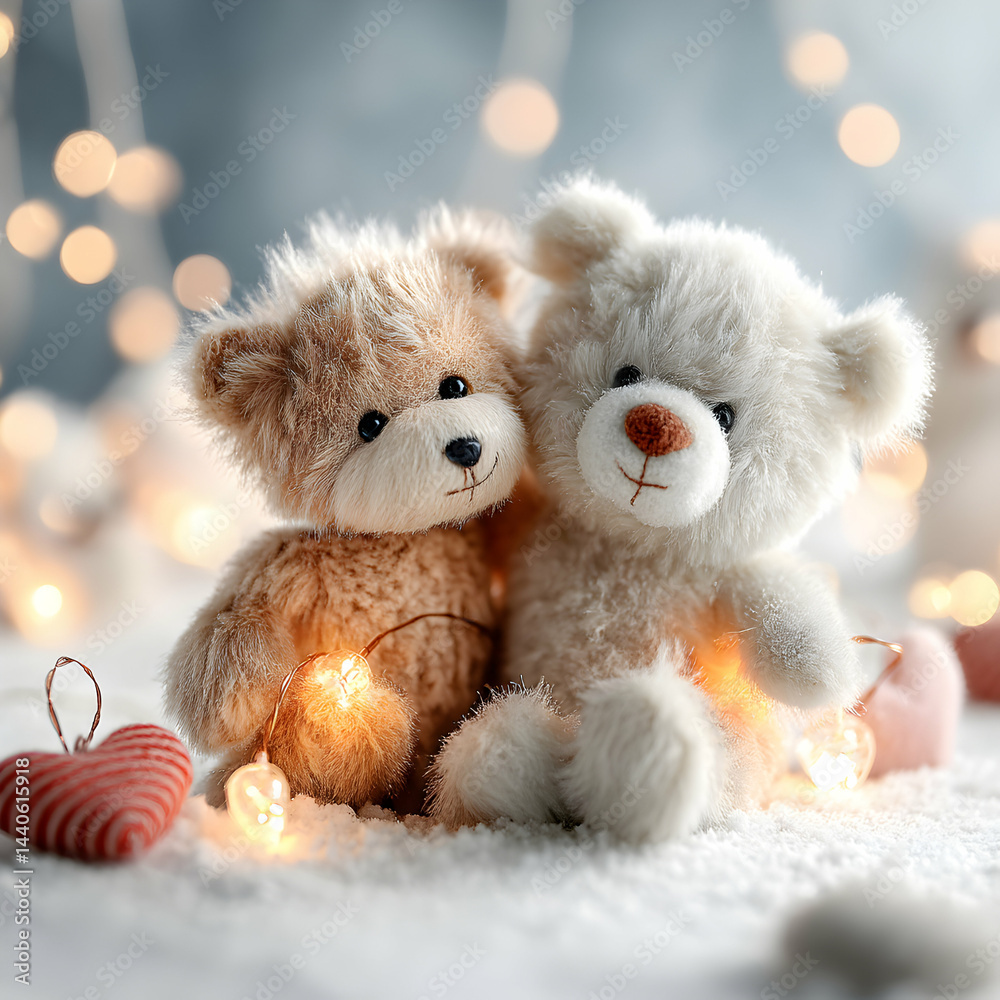 Two teddy bears cuddling together with heart ornaments and fairy lights on a snowy surface