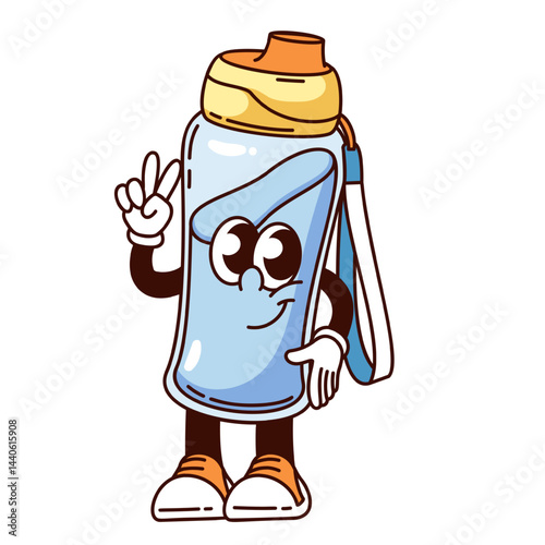 Groovy water bottle cartoon character showing peace hippie gesture. Funny retro transparent plastic water flask with V fingers. Sport mascot, cartoon sticker of 70s 80s style vector illustration