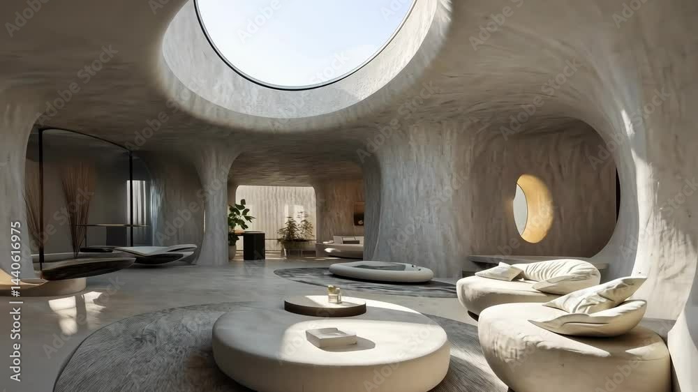 Modern minimalistic interior with curved architecture and natural light