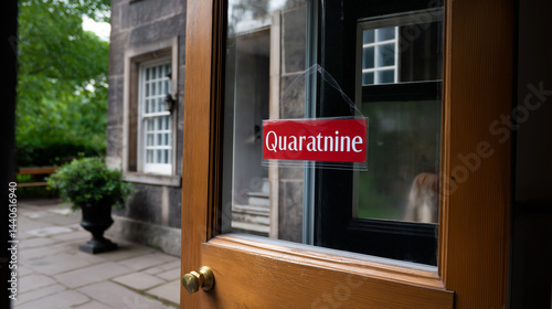 Quarantine Sign on Home Door Representing Public Health Measures