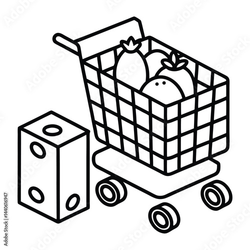 
Shopping trolley, basket, bag with grocery food. Vegetables, fruits, berries, dairy, bread, past and other groceries, goods