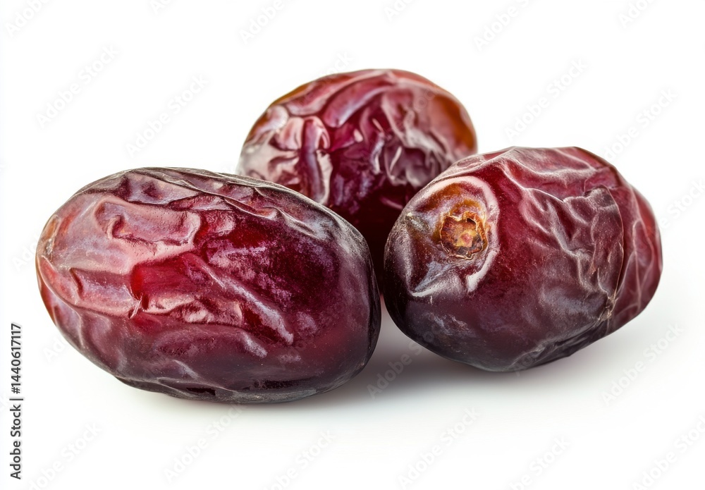 Three Wrinkled Dark Reddish Brown Dates on White Background Three Wrinkled Dark Reddish Brown Dates on White Background