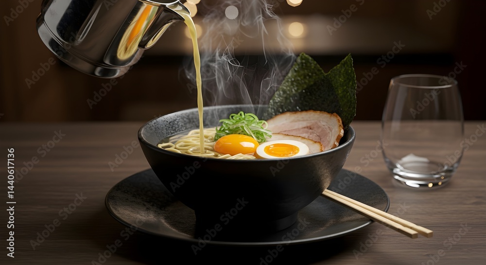 A steaming bowl of ramen noodles with a soft-boiled egg and chashu pork, being poured with broth. Delicious!