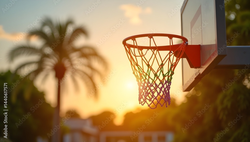 Sunset silhouettes a basketball hoop, casting a warm glow on the net. A tropical feel with palm trees in the background.