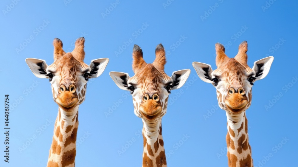 Naklejka premium Three Giraffes Smiling, Blue Sky Background