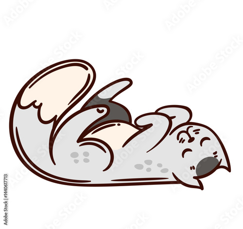 Doodle gray cat lies on back in playful pose. Vector illustration of light gray cheerful cat with closed eyes