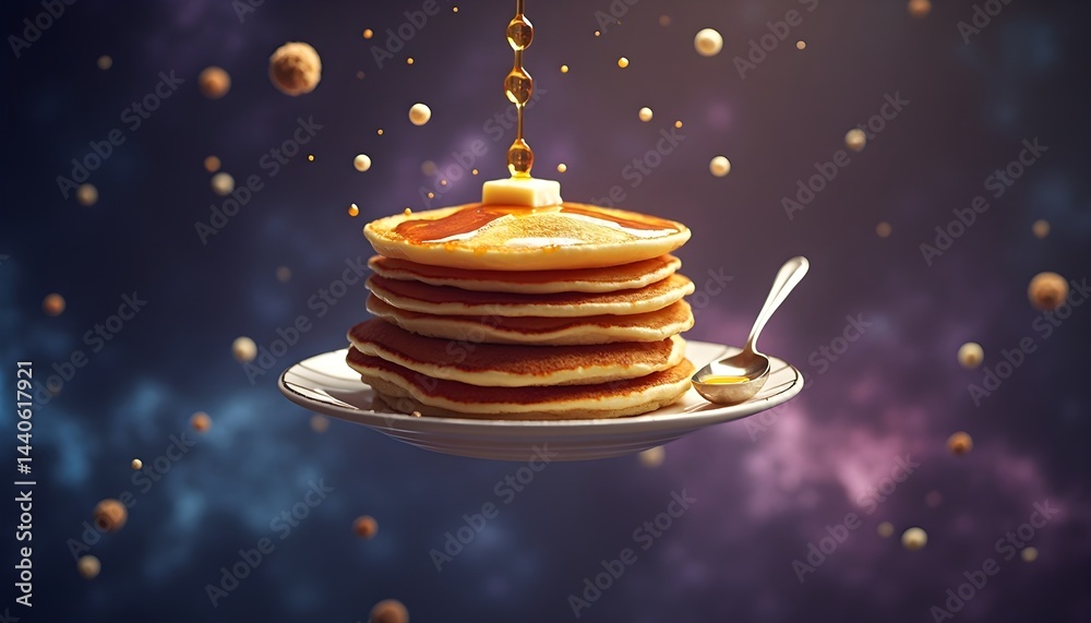 A delectable stack of pancakes, glistening with syrup and topped with butter. A culinary masterpiece in motion!