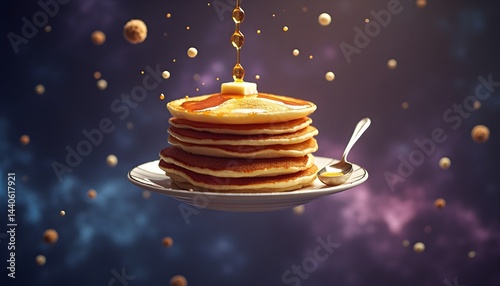 Obraz na płótnie A delectable stack of pancakes, glistening with syrup and topped with butter. A culinary masterpiece in motion! w salonie