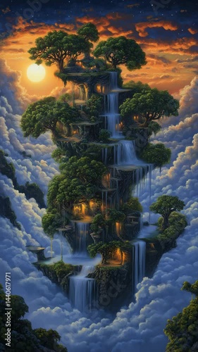 A fantasy landscape featuring cascading waterfalls, ancient trees, and glowing lights as the sun sets behind the clouds