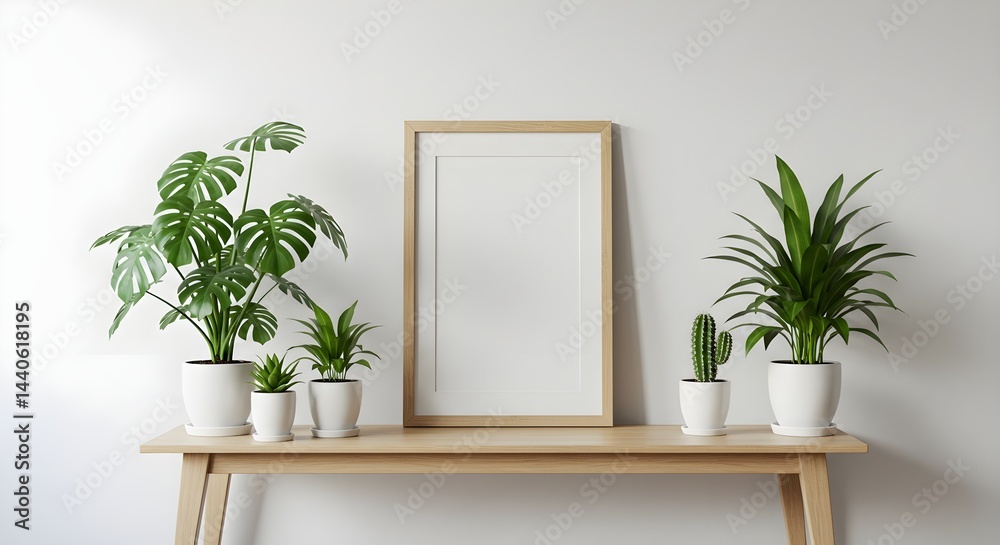 A minimalist home decor featuring a blank frame and various potted plants on a light wooden table.