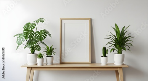 Obraz na płótnie A minimalist home decor featuring a blank frame and various potted plants on a light wooden table. w salonie