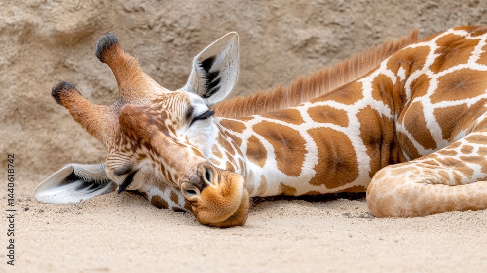Obraz premium Adorable Giraffe Napping in Sand