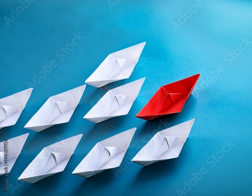 leadership successful business startup or competitive advantage theme a red paper boat distinguishing itself from a sea of white boats