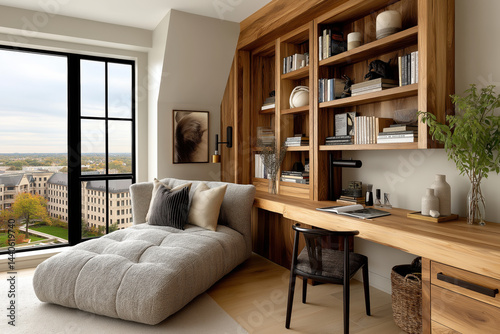 Bureau à domicile lumineux et élégant avec fauteuil design, étagères intégrées, grandes fenêtres et vue sur la ville, dans un intérieur moderne et naturel