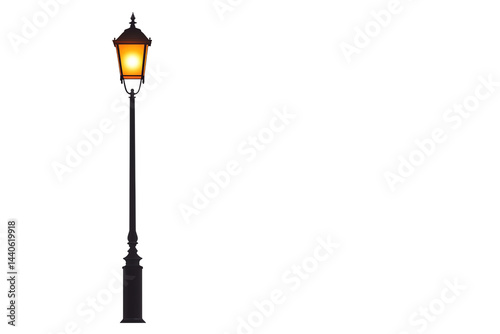 A classic street lamp with a glowing yellow light and a tall, slender pole.