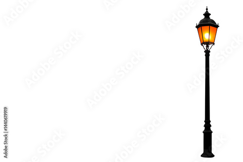 A classic streetlamp glows warmly, casting a soft orange light.