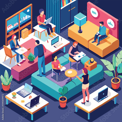 An isometric vector illustration of a coworking space with a man and woman working on laptops at a stylish shared desk