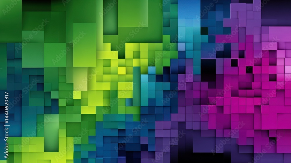 Vibrant geometric mosaic with colorful 3D cubes in green, blue, and purple shades for modern abstract background Vibrant geometric mosaic with colorful 3D cubes in green, blue, and purple shades for modern abstract background