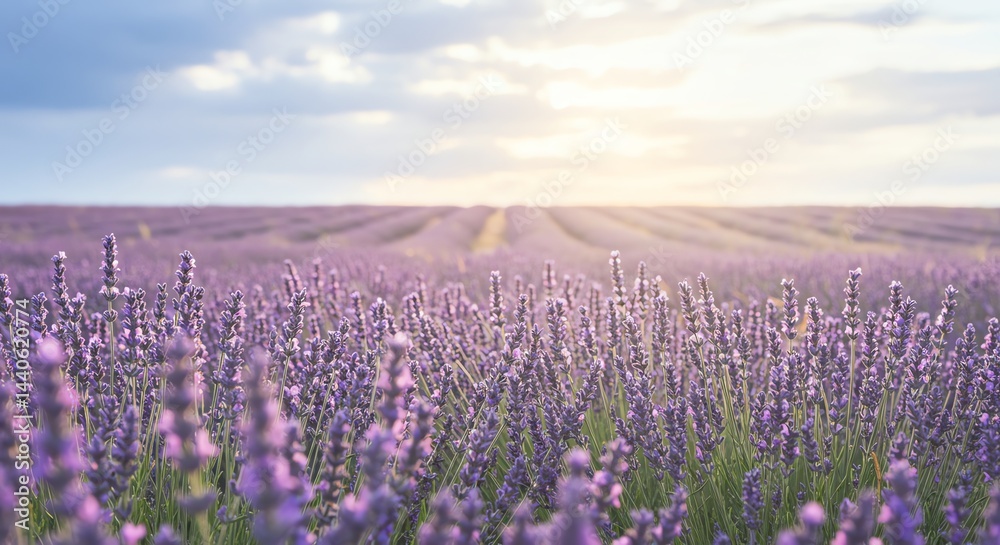 Fototapeta premium Lavender Field in Bloom at Sunset with Soft Sky