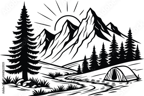 Hand-Drawn Black & White Mountain Camping Illustration – Rustic Wilderness Art